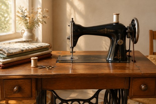 Vintage sewing machine on a sewing table